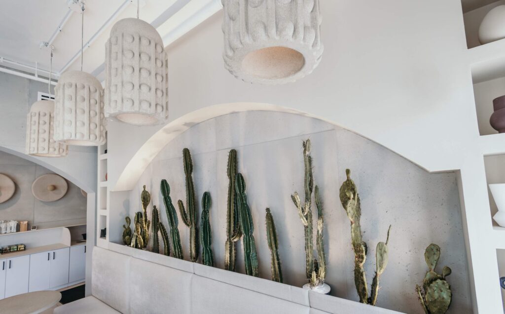 Stylish and modern interior featuring minimalist decor, unique lighting fixtures and cactus plants framed within custom concrete display. 